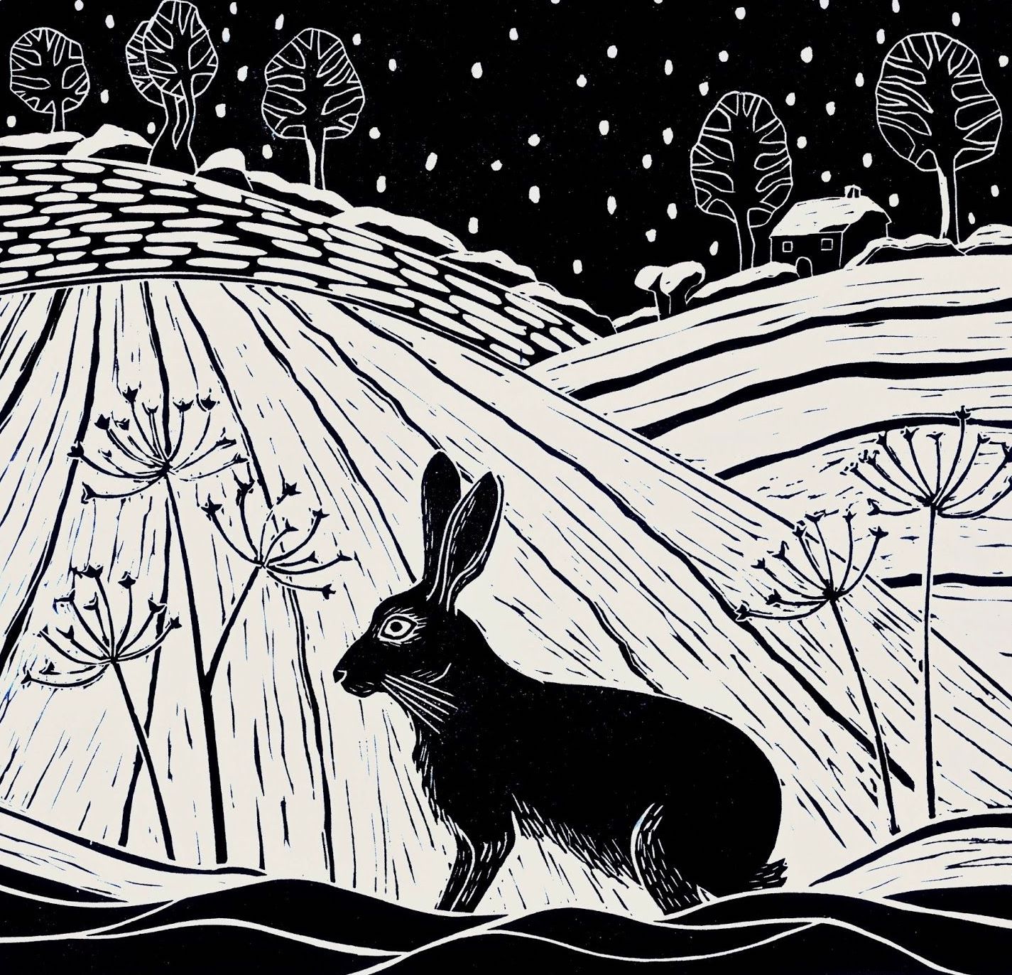 12 hares in snow lino prints